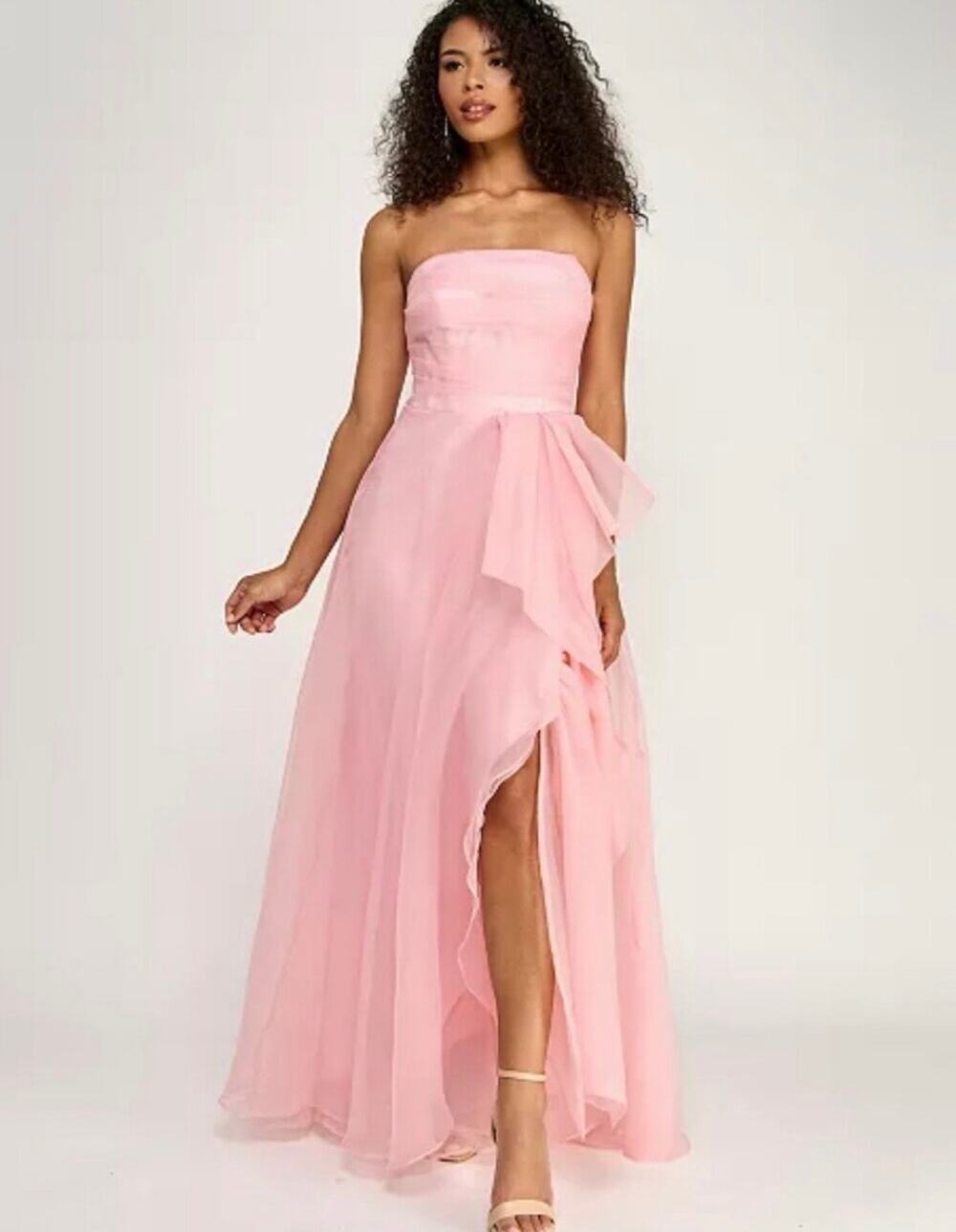 B. darlin Organza Strapless Shirred Bodice Cascade Ruffle Long Dress pink